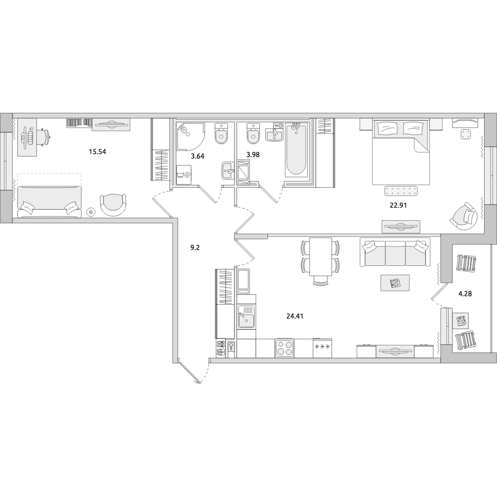 2-комнатные апартаменты 83.96 м2, 9-й этаж