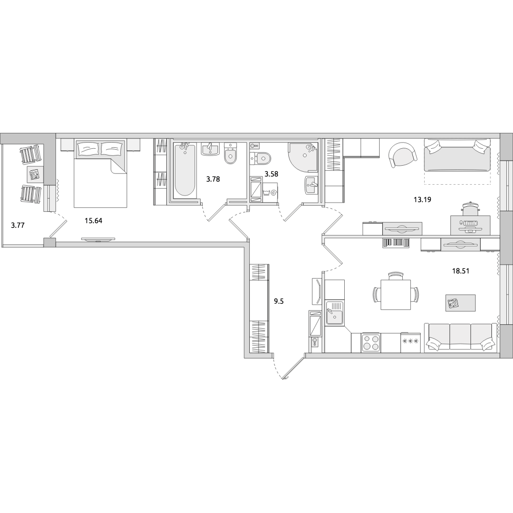 2-комнатные апартаменты 67.97 м2, 9-й этаж