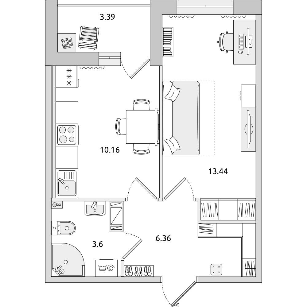 1-комнатные апартаменты 36.95 м2, 8-й этаж