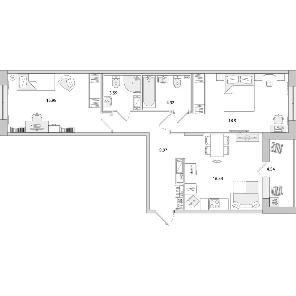 2-комнатные апартаменты 71.84 м2, 11-й этаж