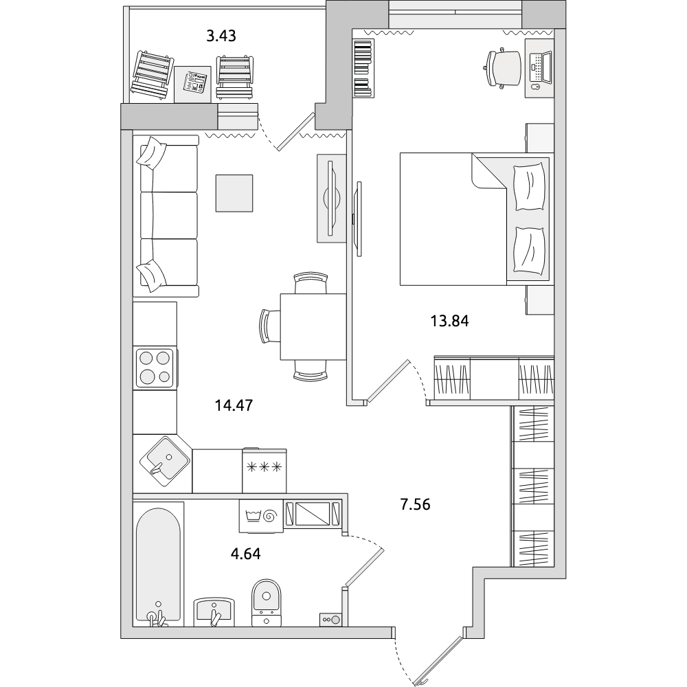 1-комнатные апартаменты 43.94 м2, 9-й этаж