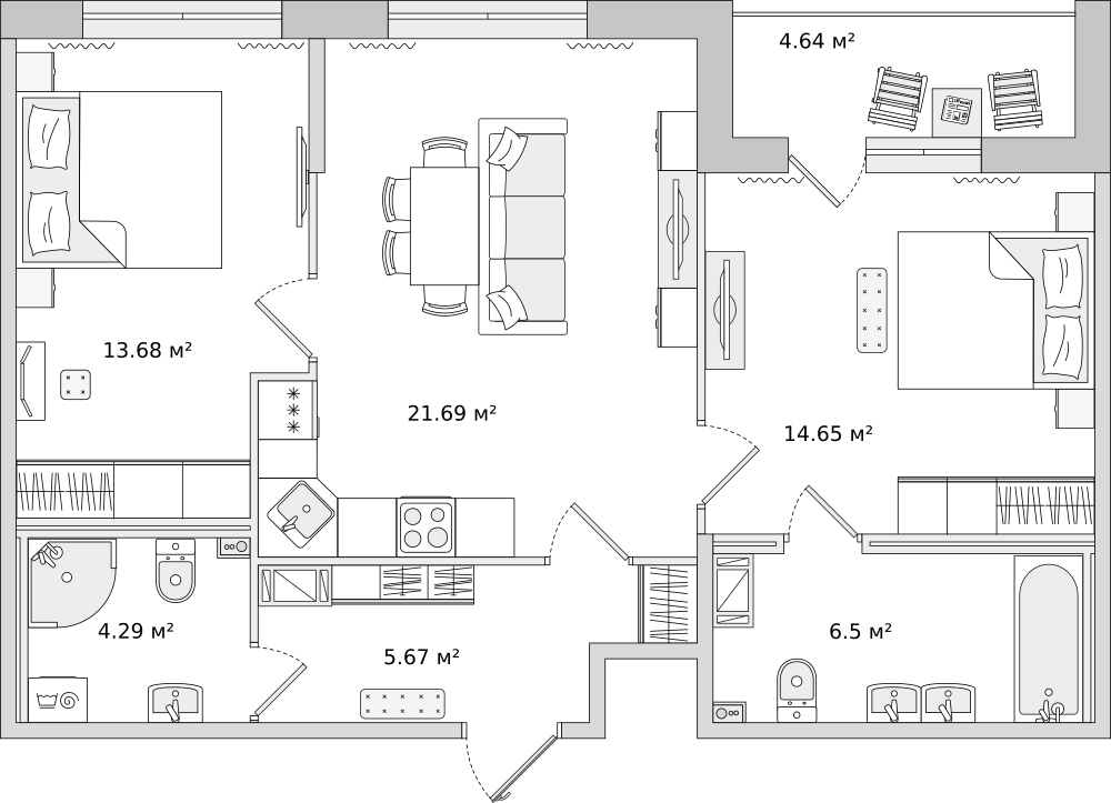 2-комнатные апартаменты 71.12 м2, 3-й этаж