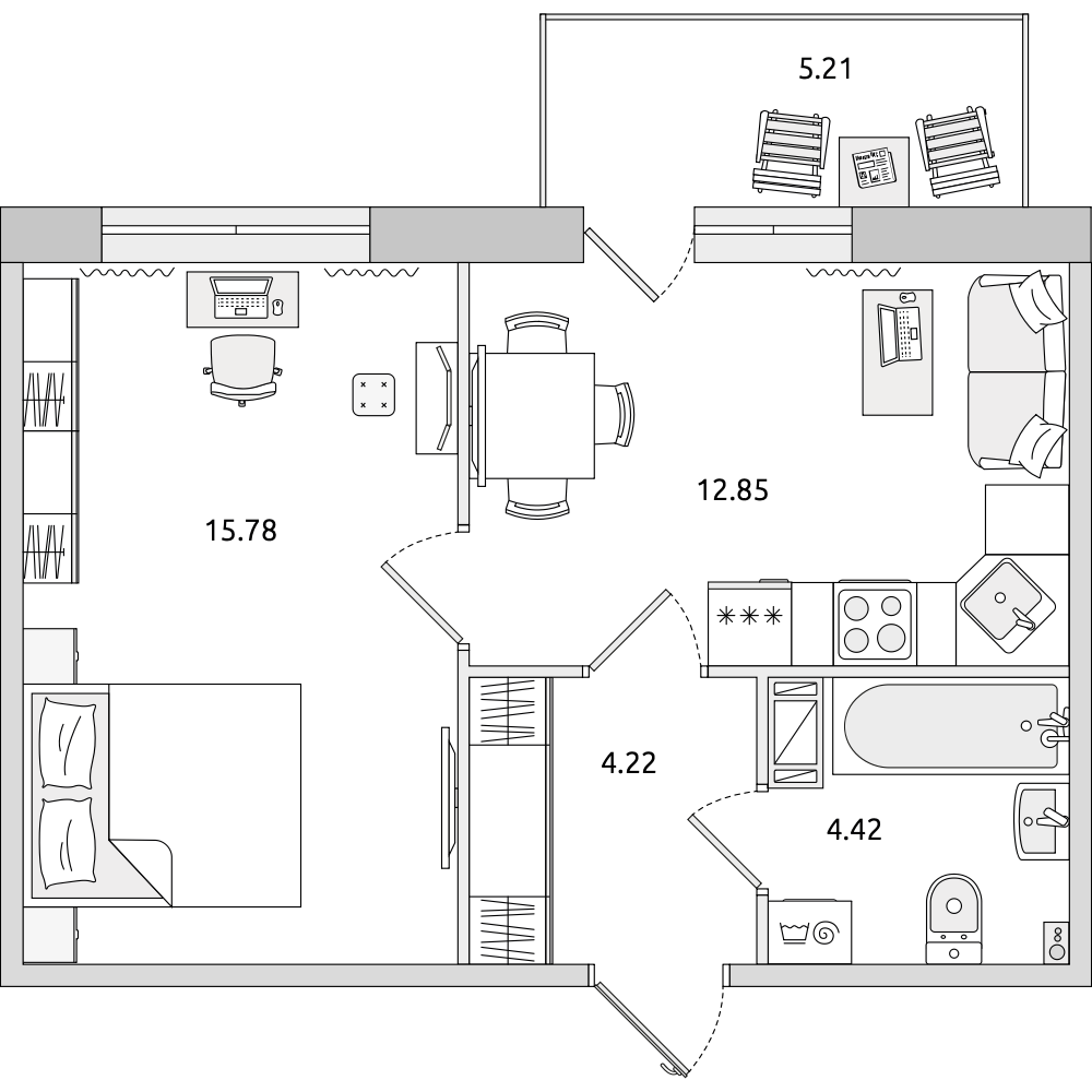 1-комнатные апартаменты 42.48 м2, 9-й этаж