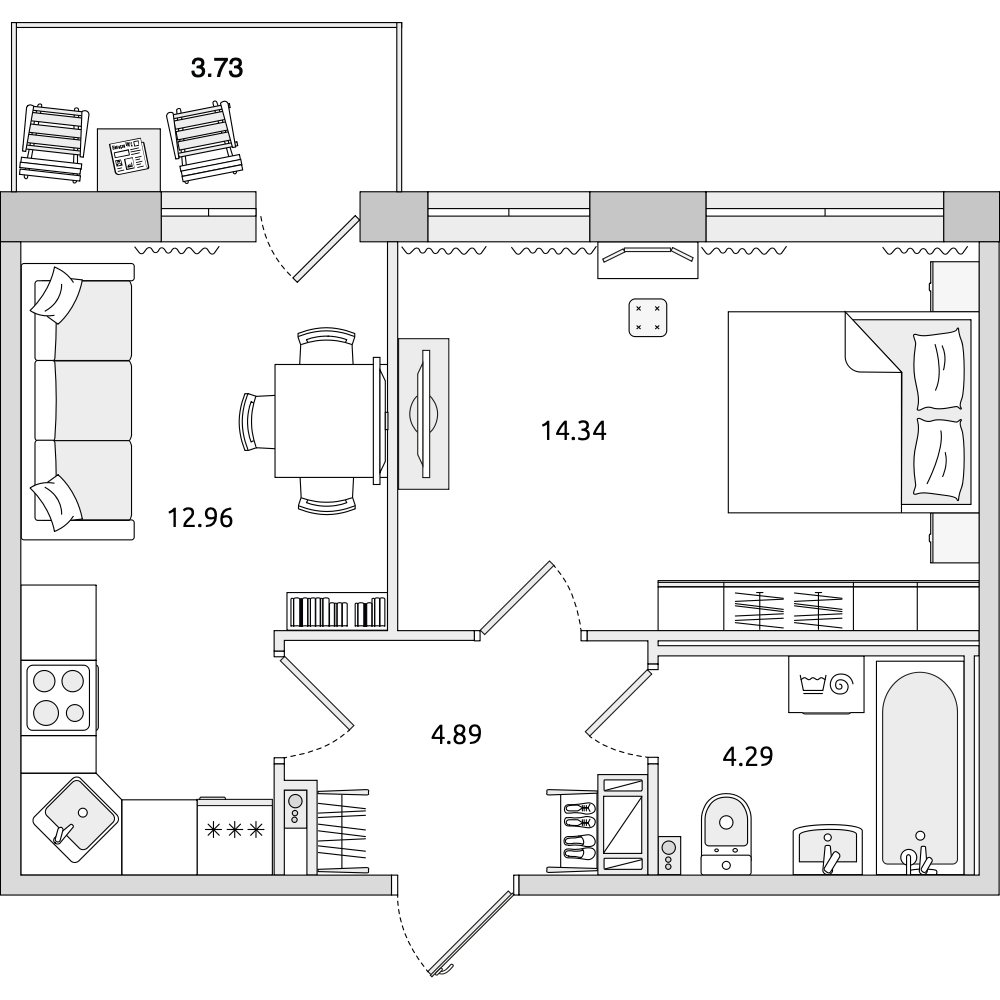 1-комнатные апартаменты 40.21 м2, 7-й этаж