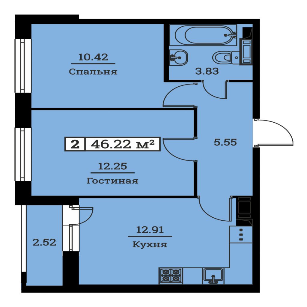2-комнатная квартира 46.22 м2, 4-й этаж
