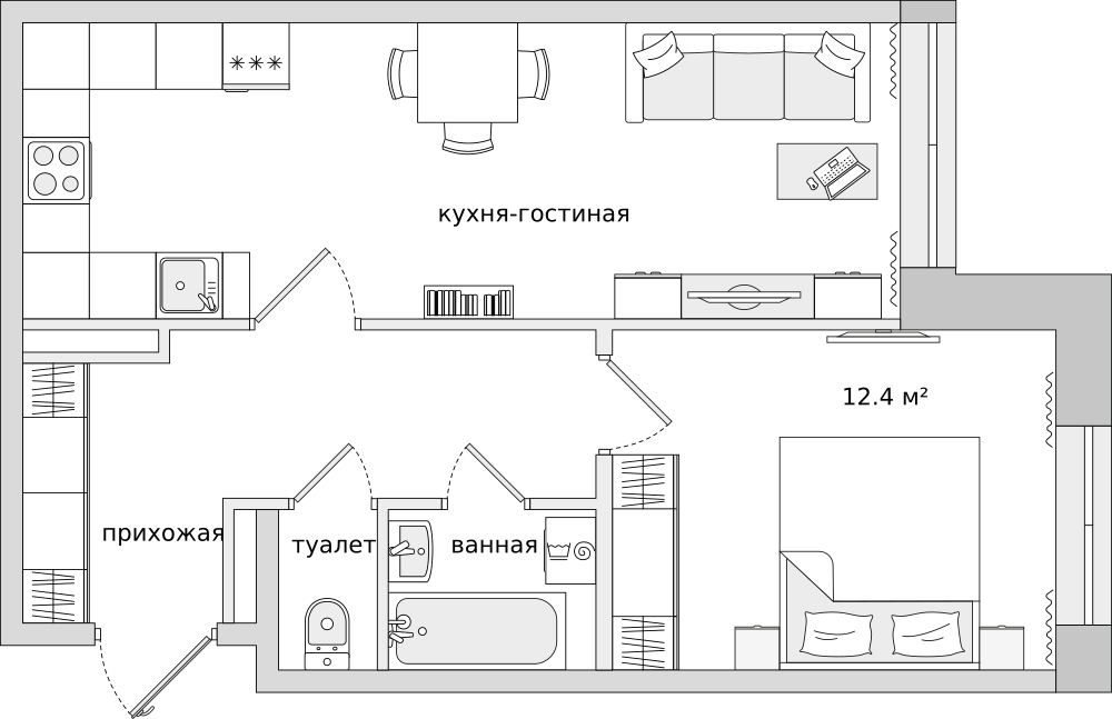 1-комнатные апартаменты 47.3 м2, 2-й этаж