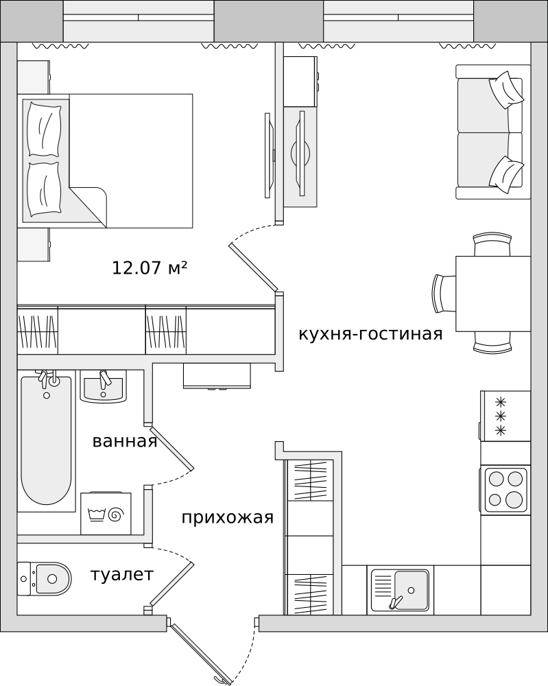 1-комнатные апартаменты 41.3 м2, 2-й этаж