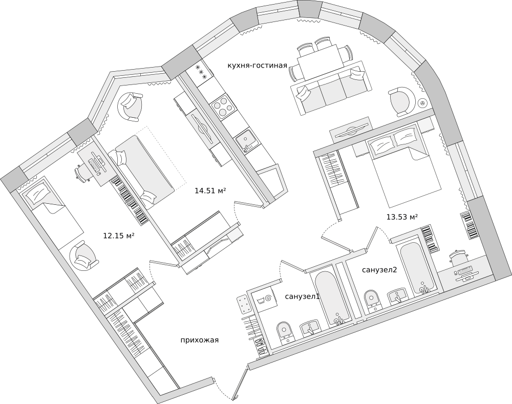 3-комнатные апартаменты 88.8 м2, 2-й этаж