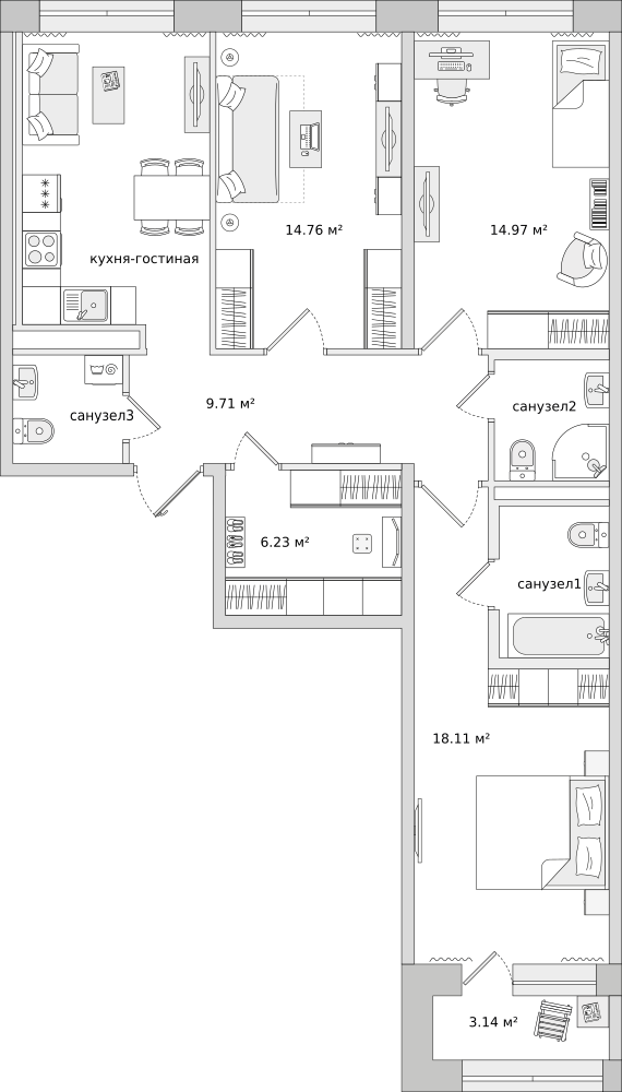 3-комнатные апартаменты 89.8 м2, 3-й этаж