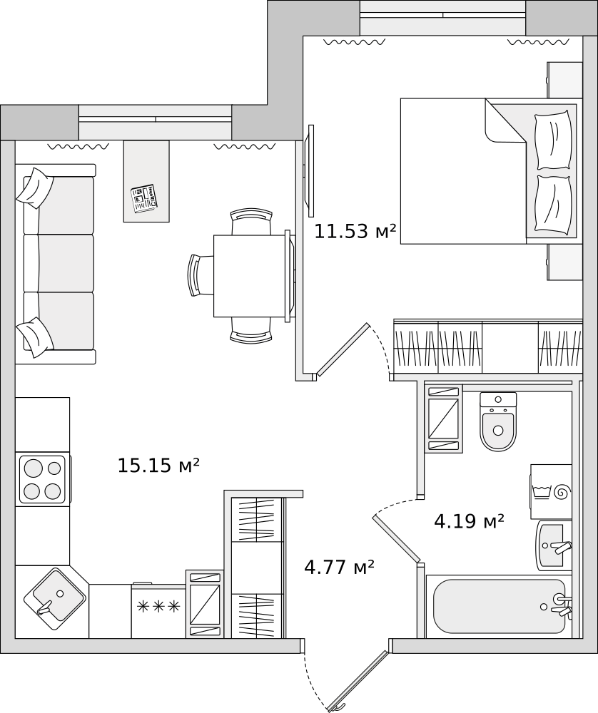 1-комнатные апартаменты 35.2 м2, 2-й этаж