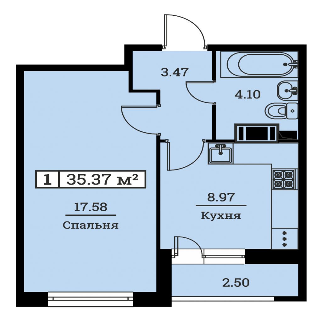 1-комнатная квартира 35.37 м2, 16-й этаж