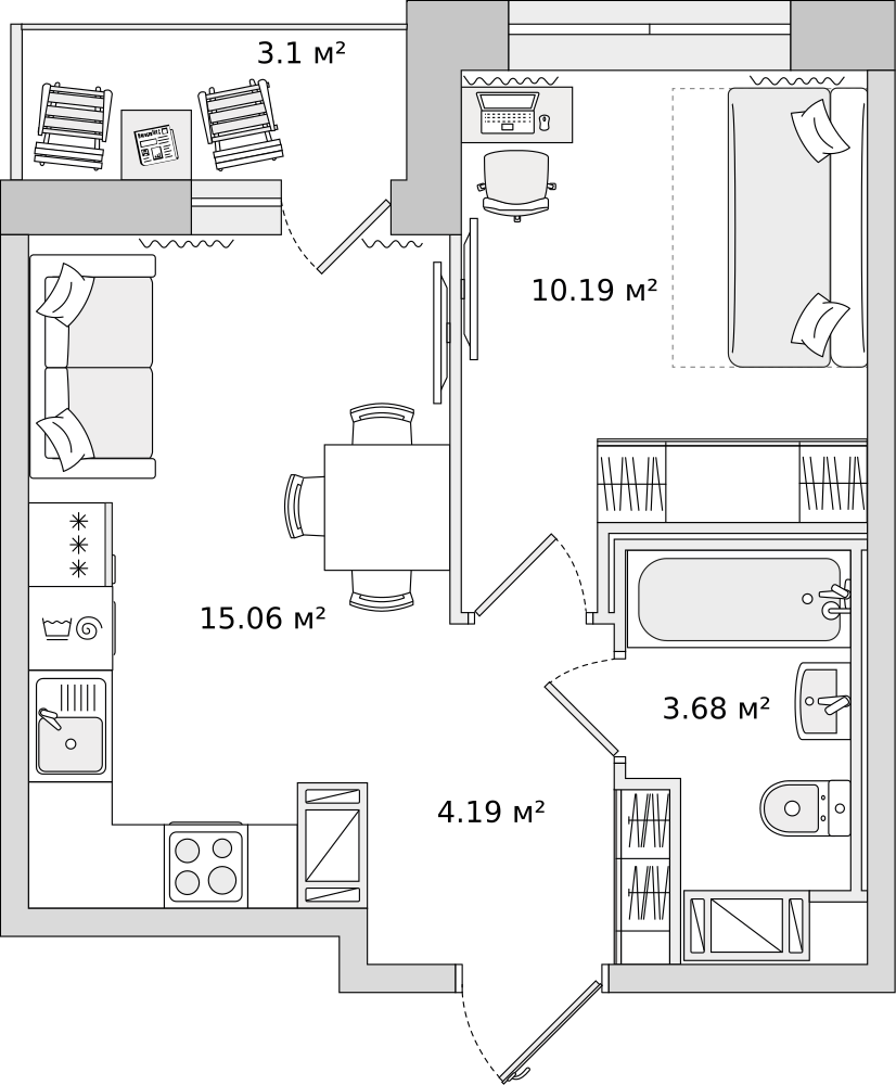 1-комнатные апартаменты 32 м2, 14-й этаж