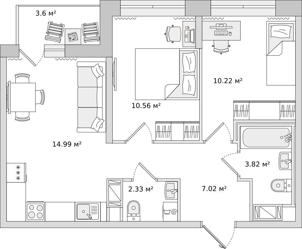 2-комнатные апартаменты 48.4 м2, 10-й этаж