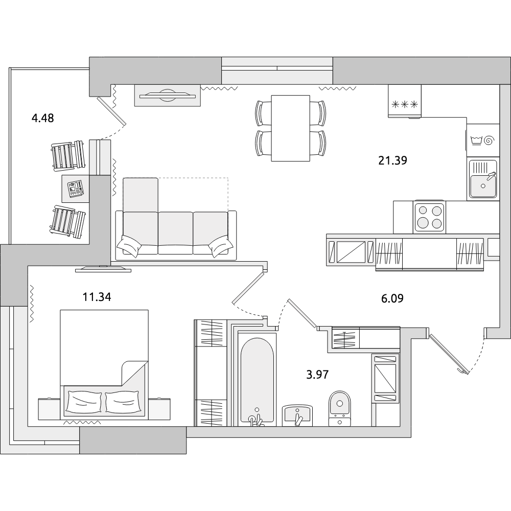 1-комнатные апартаменты 47.27 м2, 16-й этаж