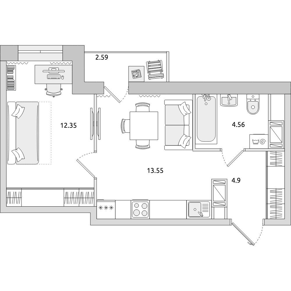 1-комнатные апартаменты 37.95 м2, 2-й этаж