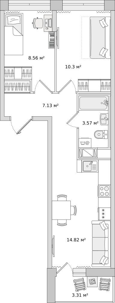 2-комнатные апартаменты 44.6 м2, 13-й этаж
