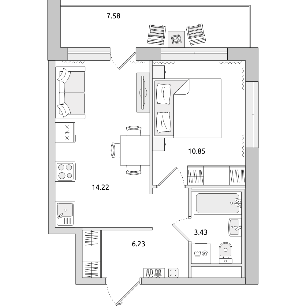1-комнатные апартаменты 42.31 м2, 8-й этаж