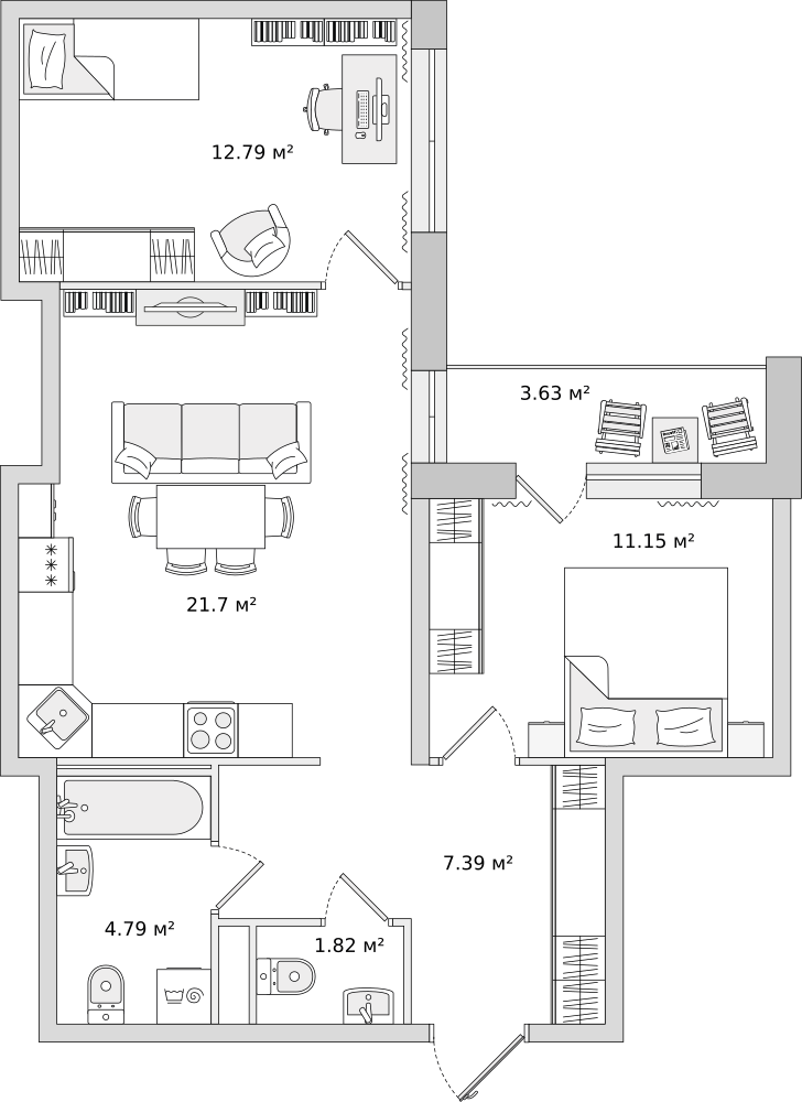 2-комнатные апартаменты 61.8 м2, 12-й этаж