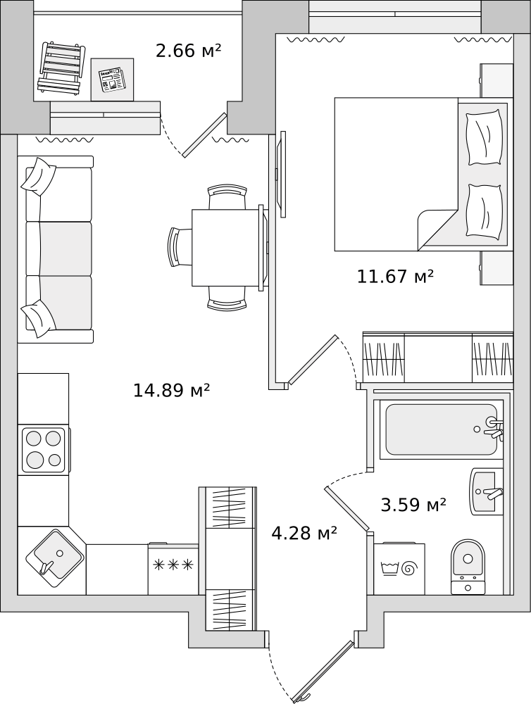 1-комнатные апартаменты 33.9 м2, 14-й этаж