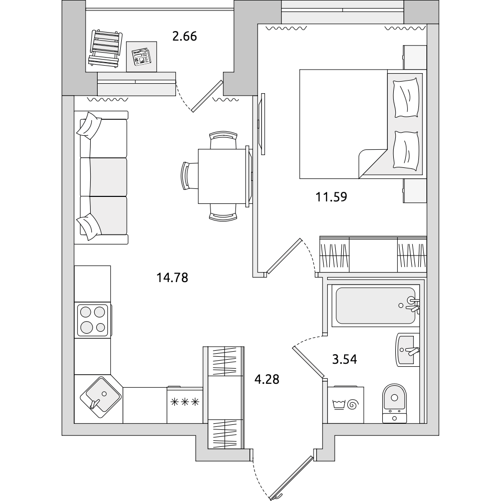 1-комнатные апартаменты 36.85 м2, 1-й этаж