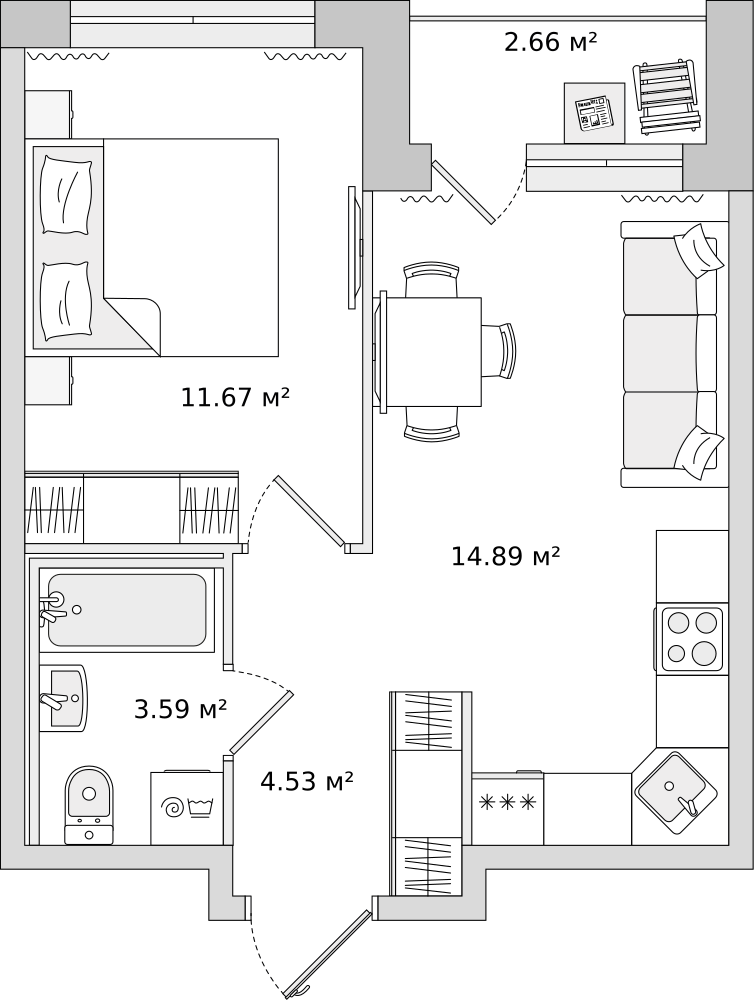 1-комнатные апартаменты 34 м2, 10-й этаж