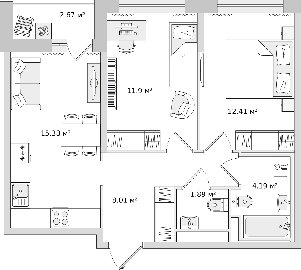 2-комнатные апартаменты 53.3 м2, 16-й этаж