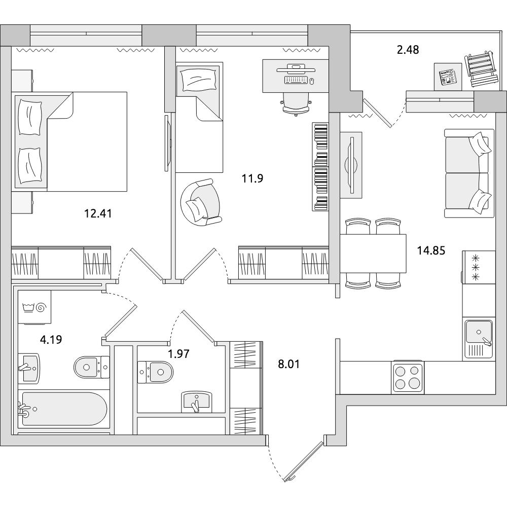 2-комнатные апартаменты 55.81 м2, 11-й этаж