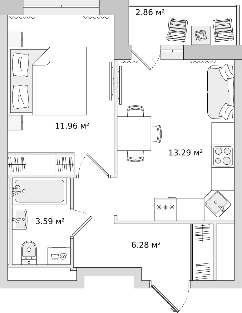 1-комнатные апартаменты 34.9 м2, 1-й этаж