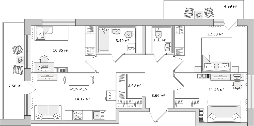 3-комнатные апартаменты 65.4 м2, 19-й этаж