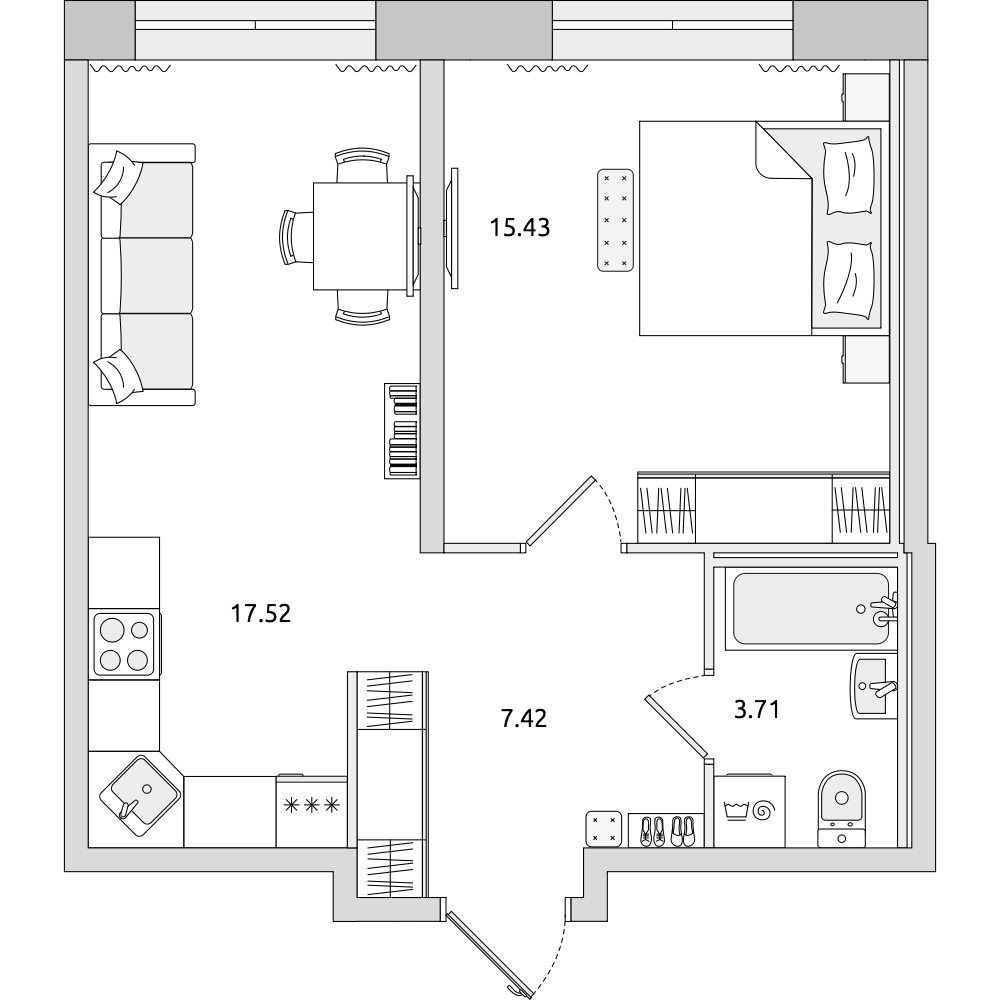 1-комнатные апартаменты 44.08 м2, 1-й этаж