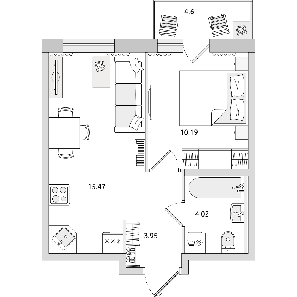 1-комнатные апартаменты 38.23 м2, 14-й этаж