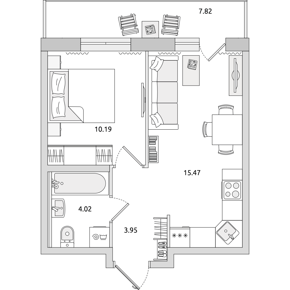 1-комнатные апартаменты 41.45 м2, 11-й этаж