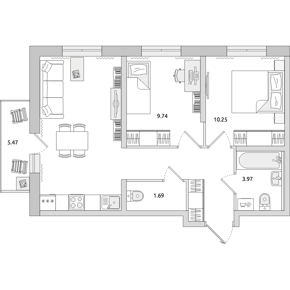 2-комнатные апартаменты 57.83 м2, 6-й этаж