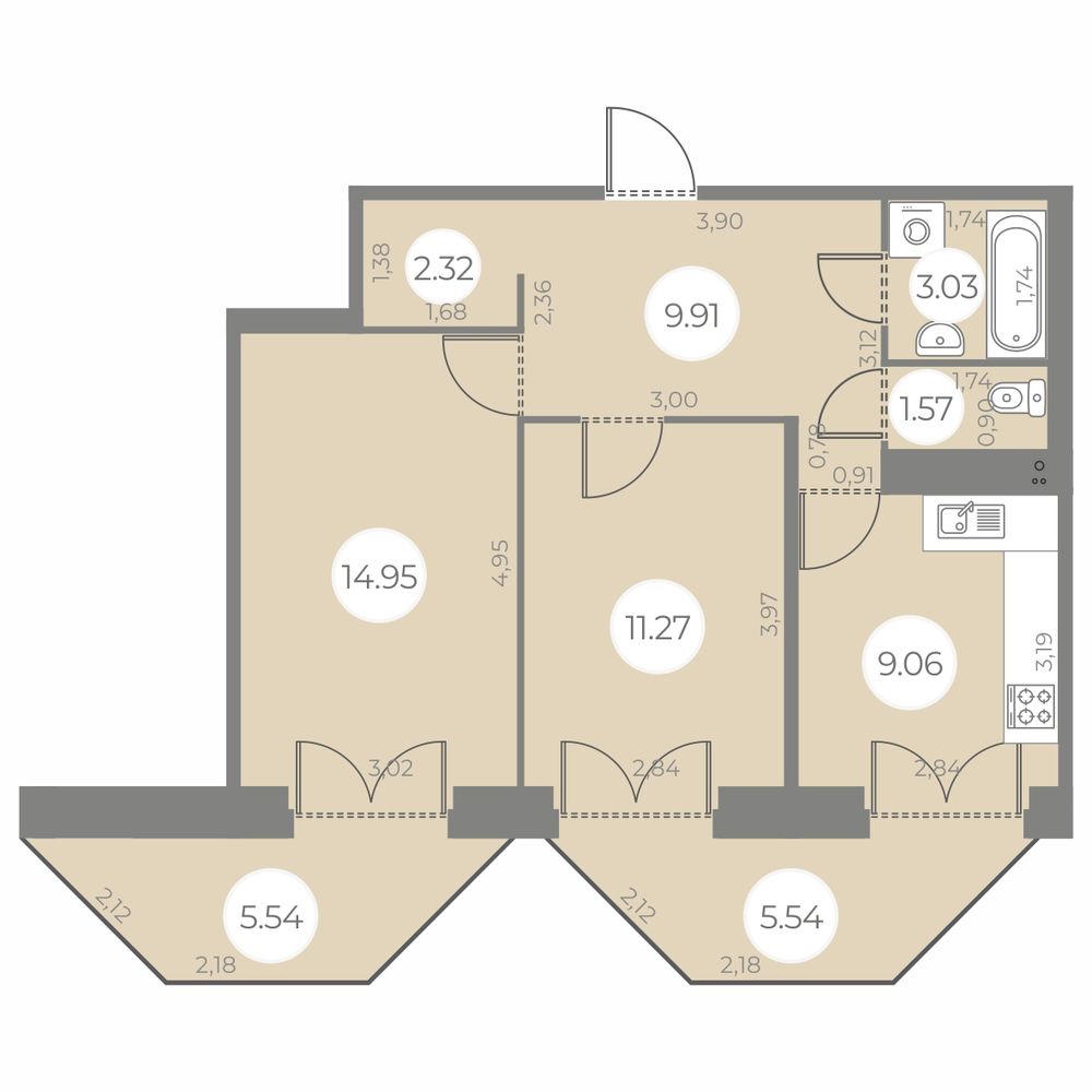 2-комнатная квартира 52.11 м2, 3-й этаж