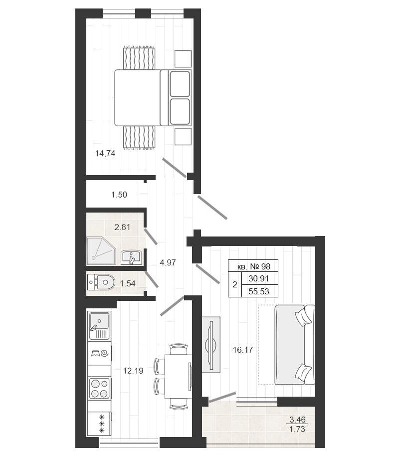2-комнатная квартира 55.53 м2, 4-й этаж
