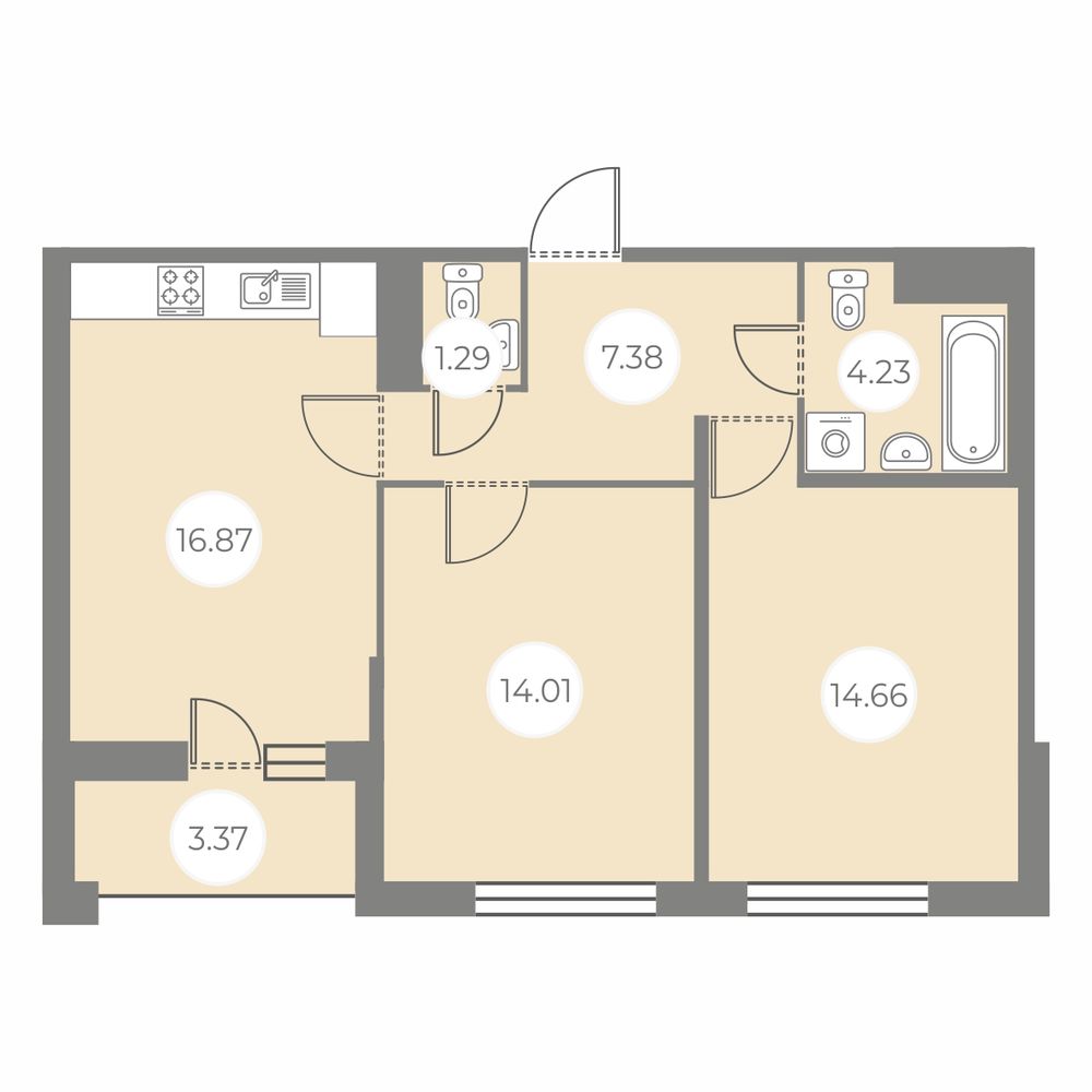 2-комнатная квартира 58.44 м2, 5-й этаж