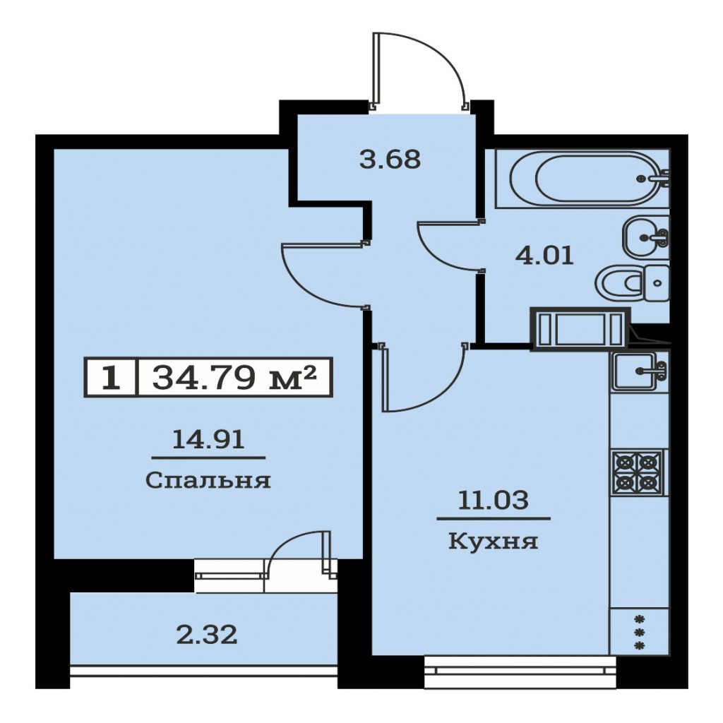 1-комнатная квартира 34.79 м2, 16-й этаж