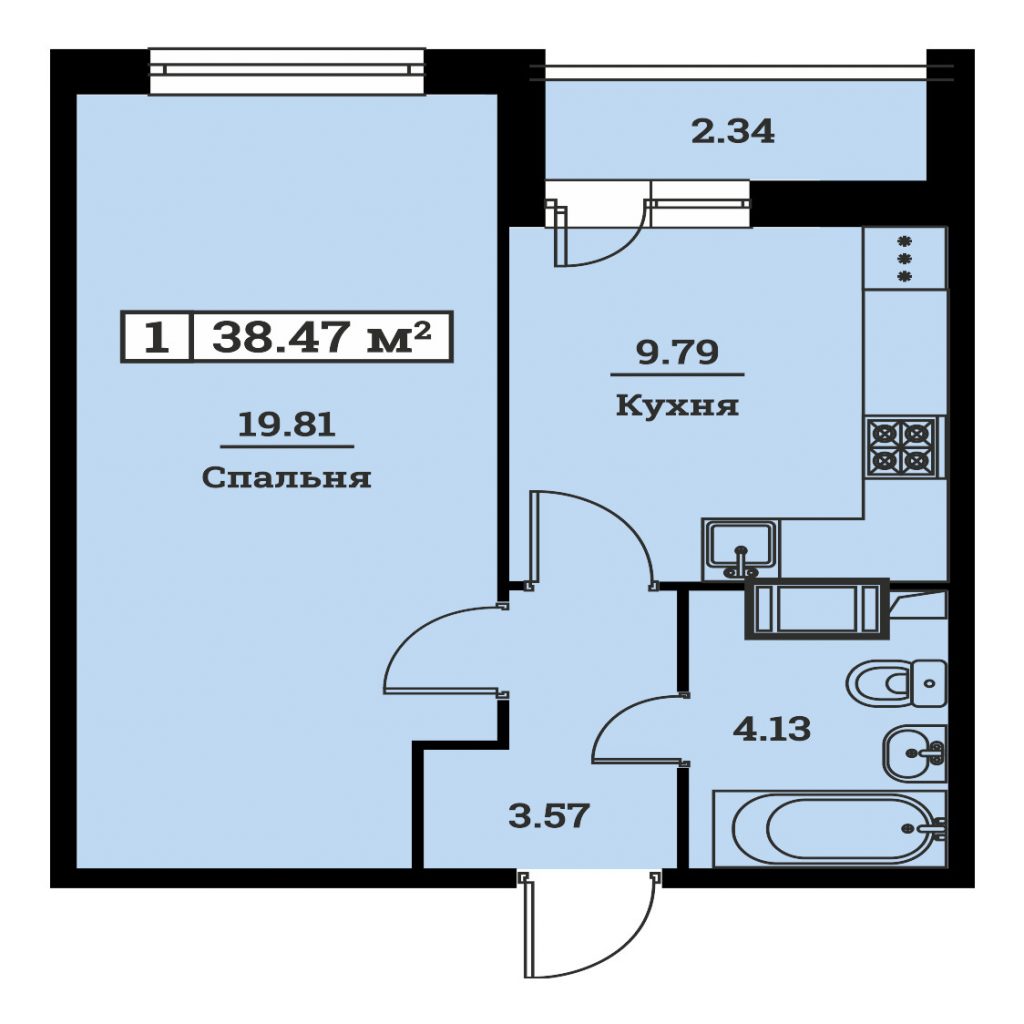 1-комнатная квартира 38.47 м2, 12-й этаж