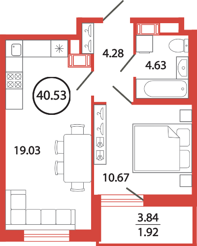 1-комнатная квартира 40.53 м2, 8-й этаж