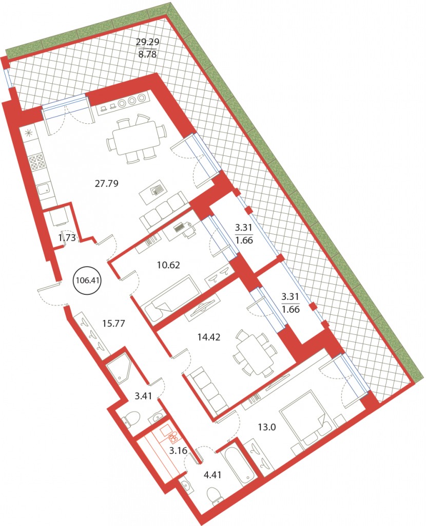 3-комнатная квартира 106.41 м2, 2-й этаж