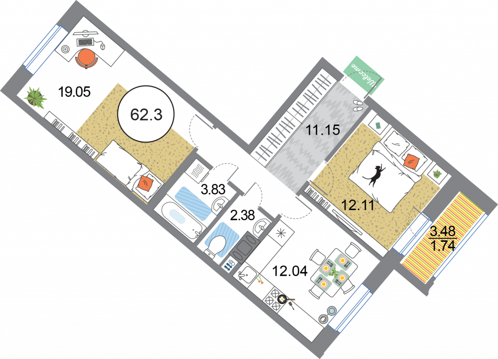2-комнатная квартира 62.3 м2, 4-й этаж