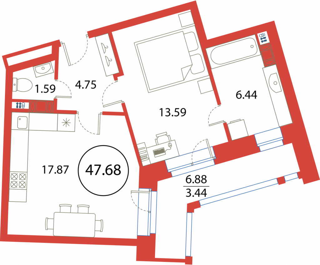 1-комнатная квартира 47.68 м2, 7-й этаж