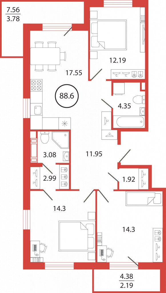 3-комнатная квартира 88.6 м2, 6-й этаж
