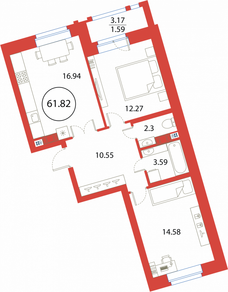 2-комнатная квартира 61.82 м2, 5-й этаж