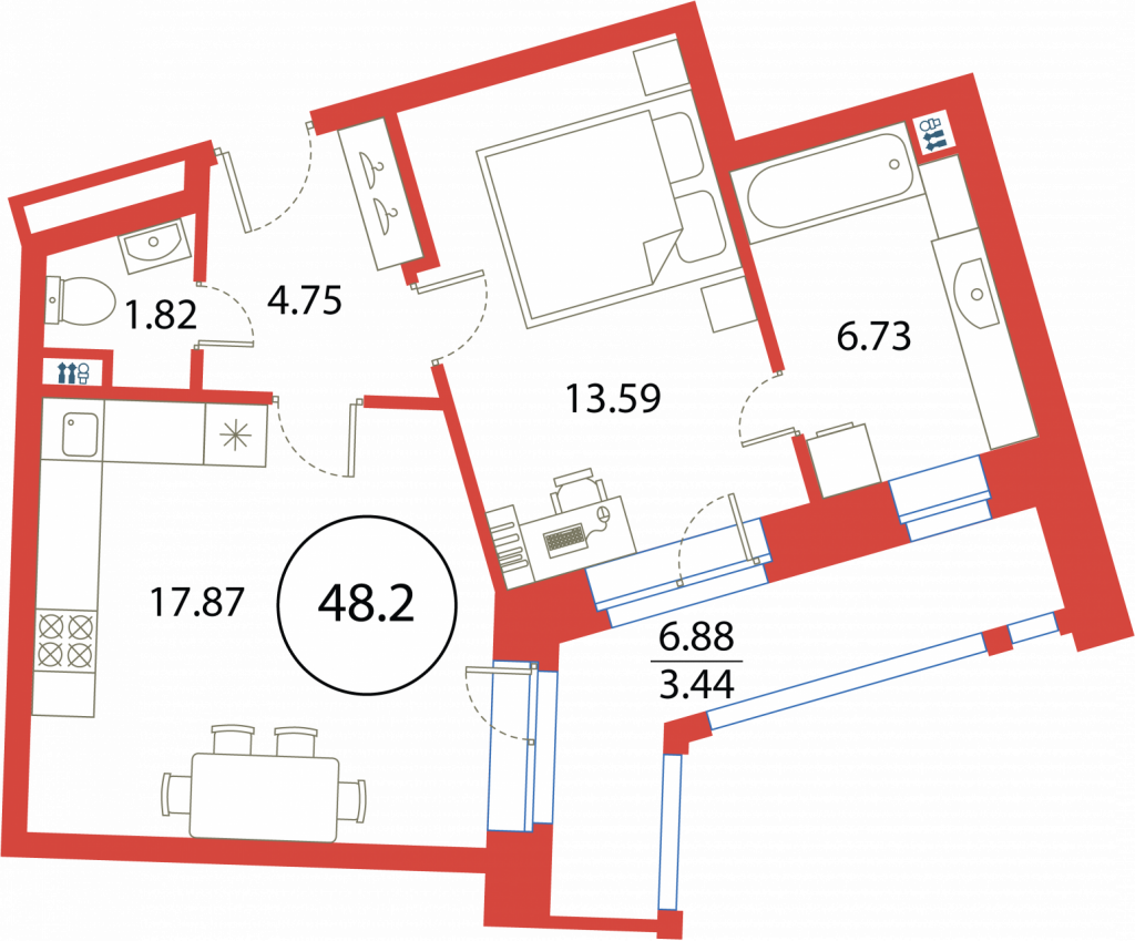 1-комнатная квартира 48.2 м2, 2-й этаж