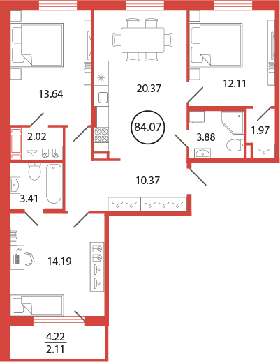 3-комнатная квартира 84.07 м2, 3-й этаж