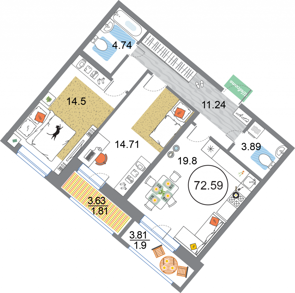 2-комнатная квартира 72.59 м2, 2-й этаж