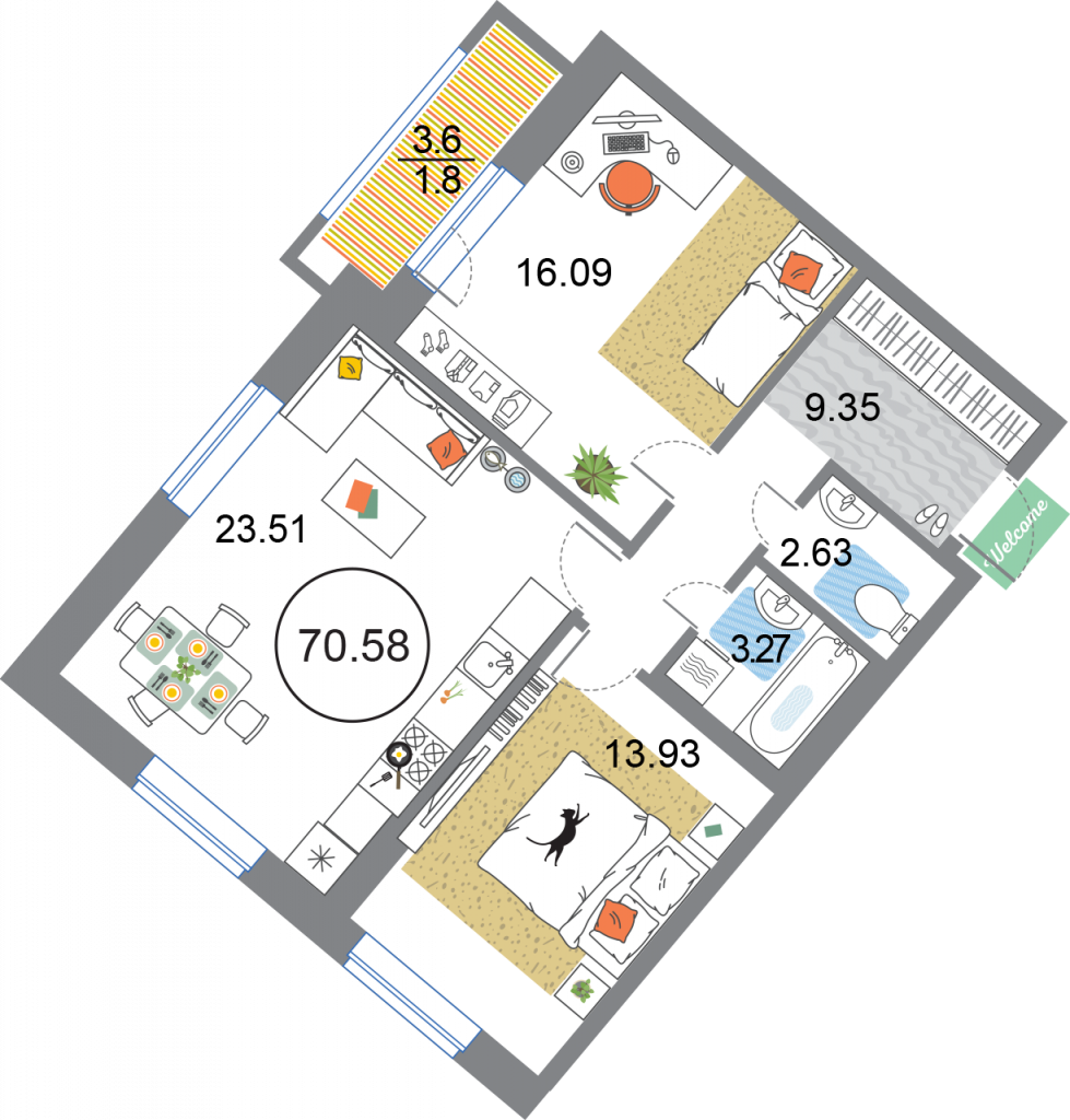 2-комнатная квартира 70.58 м2, 2-й этаж