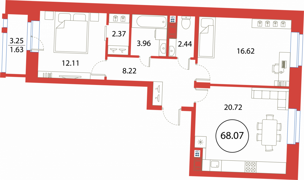 2-комнатная квартира 68.07 м2, 7-й этаж