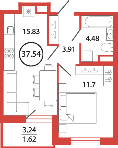 1-комнатная квартира 37.54 м2, 1-й этаж